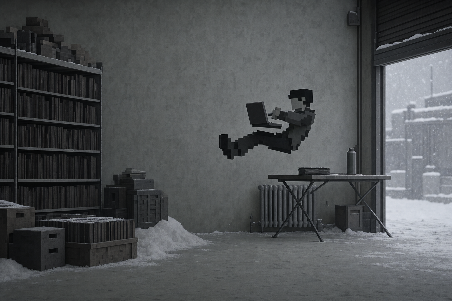 worker. floating with his laptop inside a cold warehouse, snow drifting through the open loading bay